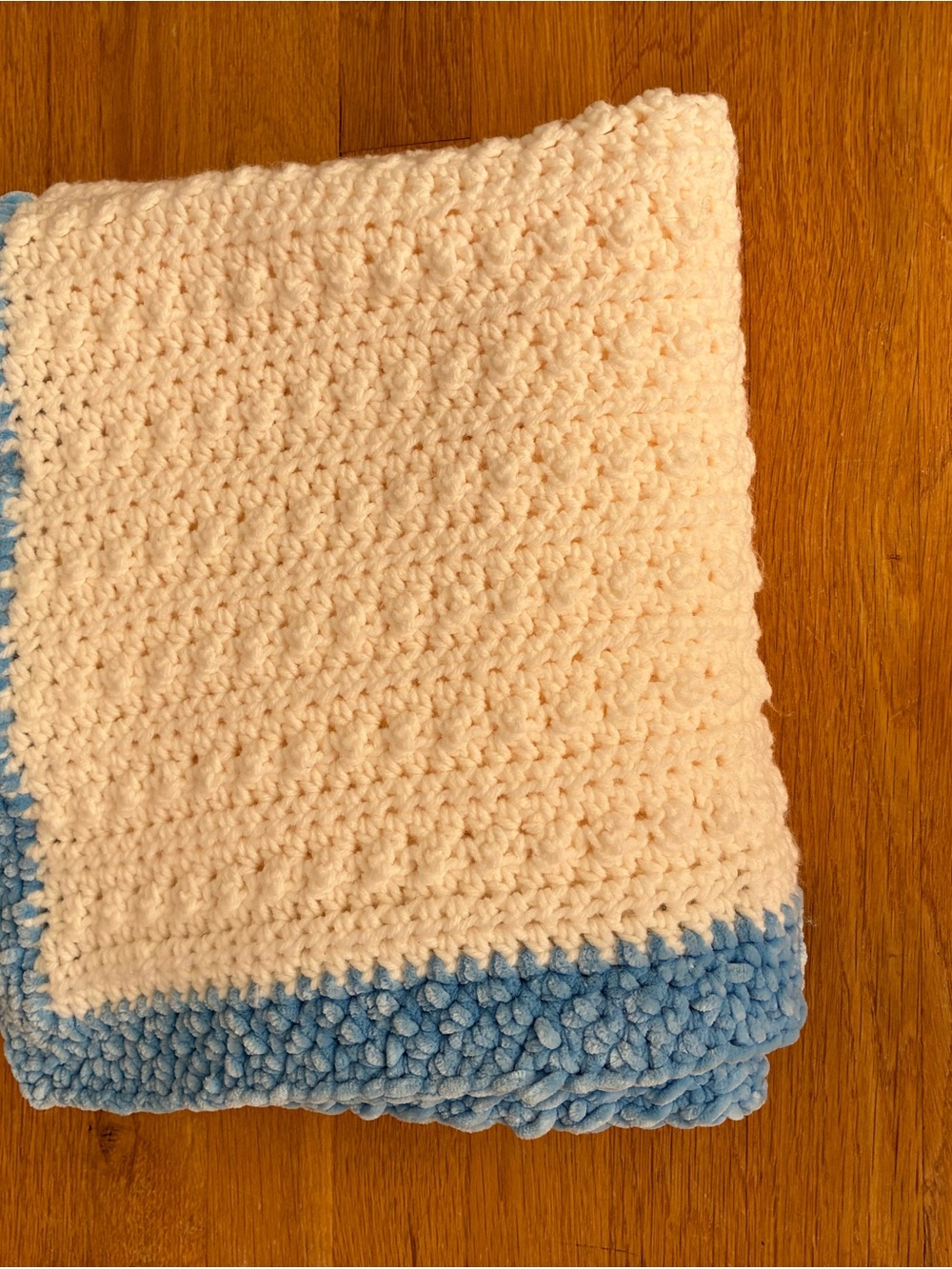 Baby Crochet White Throw with Blue Velvet Trim - Handmade